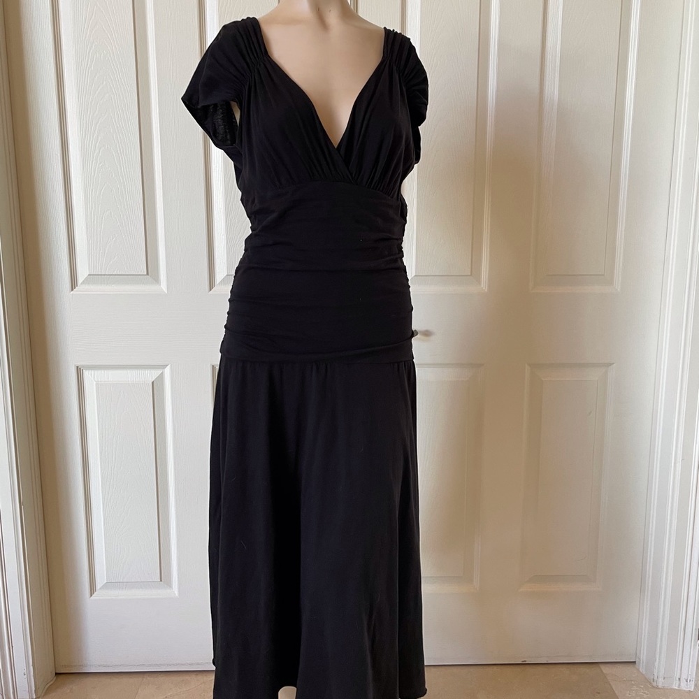 Velvet Deep V, Short Sleeve, Rusched Waist, Midi Dress Black L